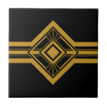 Art Deco Gold Geometric Border Black Ceramic Tile<br><div class="desc">Crisp art deco style gold geometric detail ornament decorative border ceramic tile on a black background. Please note that gold is a mustard yellow flat color print and is not an actual gold color. Crisp and original design,  perfect for modern or art deco vintage style interior.</div>