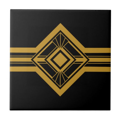 Art Deco Gold Geometric Border Black Ceramic Tile