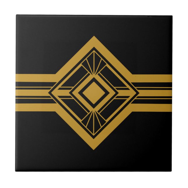 Art Deco Gold Geometric Border Black Ceramic Tile (Front)