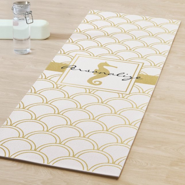 Art Deco Gold Glitter Seahorse Ocean Wave Pattern Yoga Mat (Creator Uploaded)