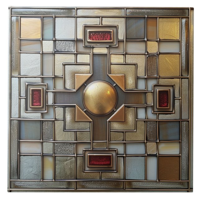 Art Deco Gold Gray Rust Tan Geometric Ceramic Tile (Front)
