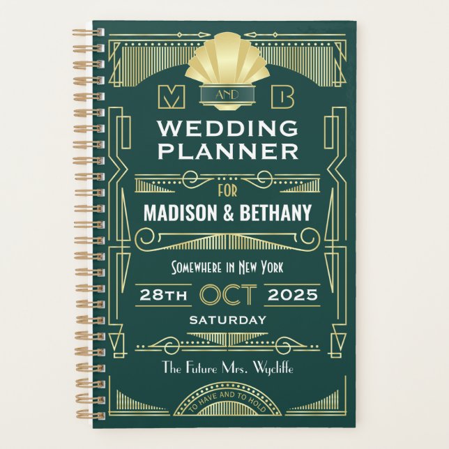 Art Deco Gold Green 1920s Elegant Gatsby Wedding Planner (Front)