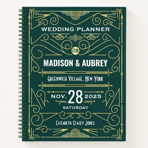 Art Deco Gold Green 1920s Elegant Wedding Planner Notebook