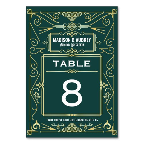 Art Deco Gold Green Gatsby 1920s Wedding Reception Table Number