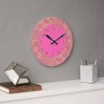 Art Deco Gold Hot Pink Greek Key Border DIY BG Large Clock<br><div class="desc">Art-Deco Gold Hot Pink Greek Key Border, Gold Markers Wall Clock, Choose Your Own Color DIY Background ========== A classic art deco gold border on a Do It Yourself Color Choice background (initially set to Hot Pink). The numeral markers are a gold color. Please note that this is a digitally...</div>