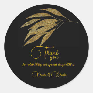 Art Deco Gold Leaves Black Stripes Wedding Classic Round Sticker