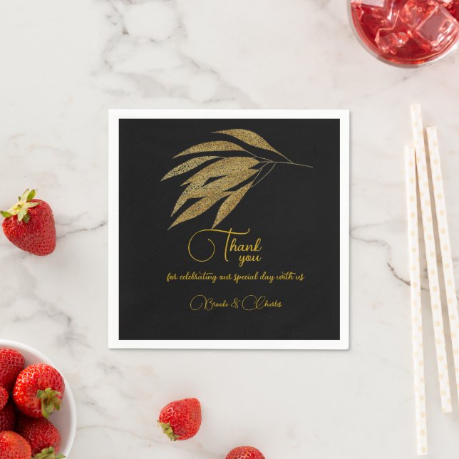 Art Deco Gold Leaves Black Stripes Wedding Napkins (Insitu)