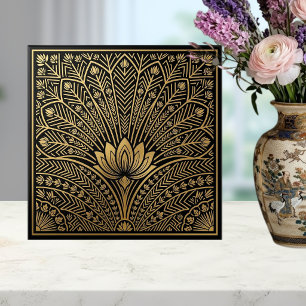 Art Deco Gold Lotus Black Geometric Pattern Ceramic Tile