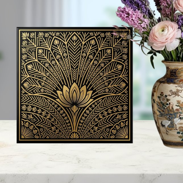 Art Deco Gold Lotus Black Geometric Pattern Ceramic Tile (Creator Uploaded)