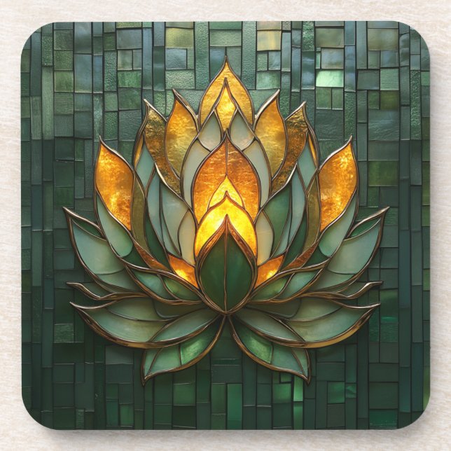 Art Deco Gold Lotus Green Tilework Print Beverage Coaster (Front)