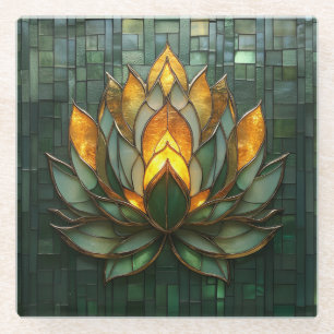 Art Deco Gold Lotus Green Tilework Print Glass Coaster