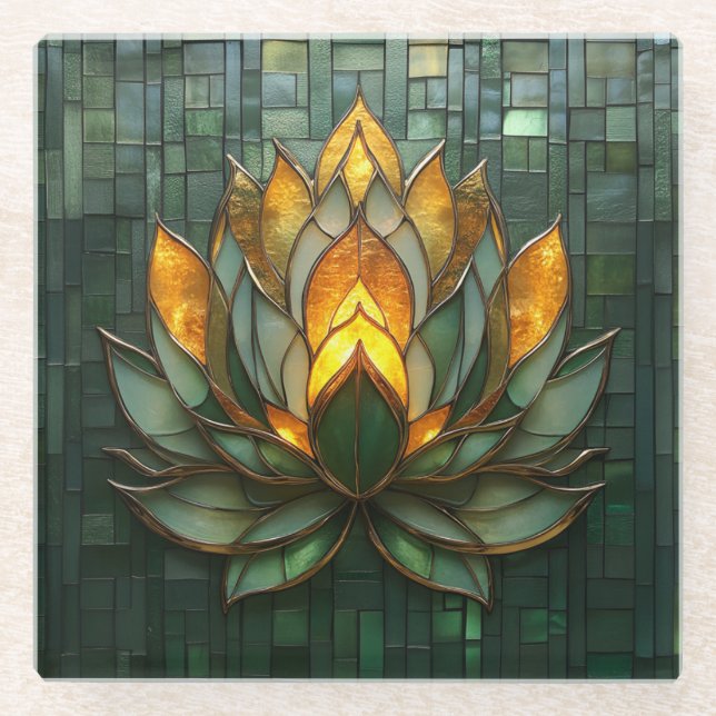 Art Deco Gold Lotus Green Tilework Print Glass Coaster (Front)