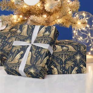 Art Deco Gold Nativity Pattern on Navy Wrapping Paper