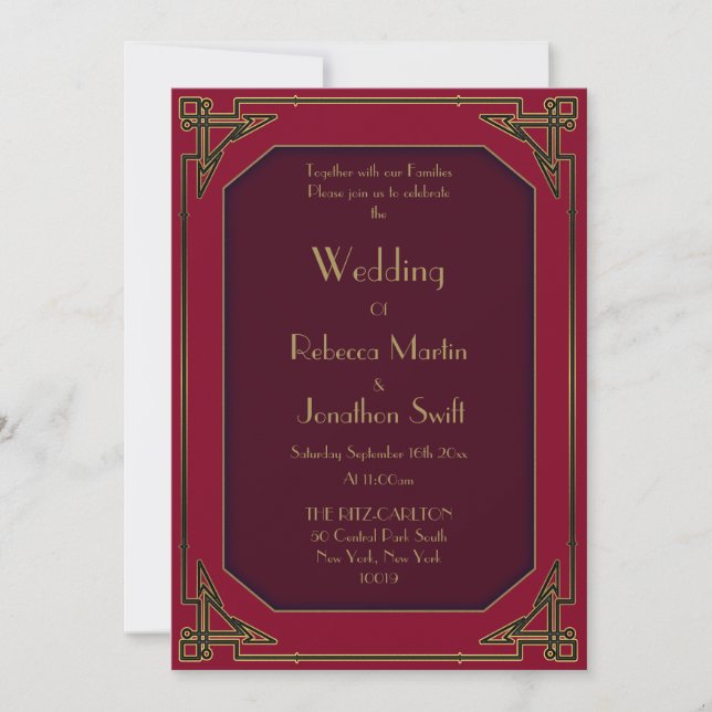 Art Deco  Gold on Red Vintage Wedding Invitation (Front)