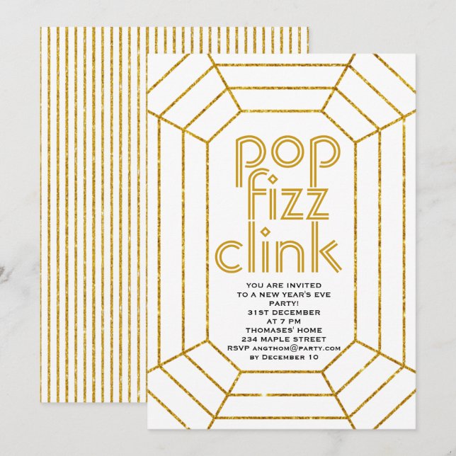 Art Deco gold pop fizz clink New Year's Eve party Invitation (Front/Back)