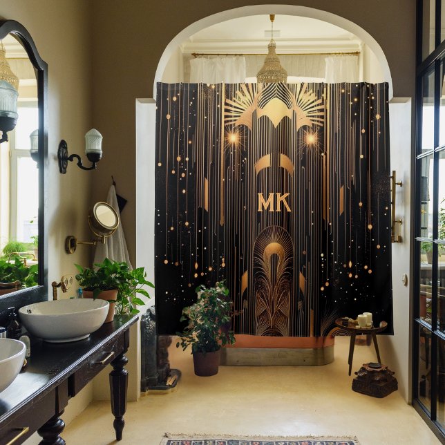 Art Deco Gold Rain Egyptian Art Black Monogrammed  Shower Curtain (Opulent black with gold rain Art Deco curtain with futuristic twist and your initial or monogram )