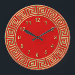 Art Deco Gold Red Greek Key Border Gold Markers Large Clock<br><div class="desc">Art-Deco Gold Red Greek Key Border,  Gold Markers Wall Clock  ========

 A classic art deco gold color border on a red background.  The numeral markers are also in gold.</div>