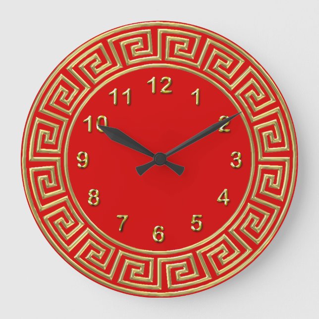 Art Deco Gold Red Greek Key Border Gold Markers Large Clock (Front)