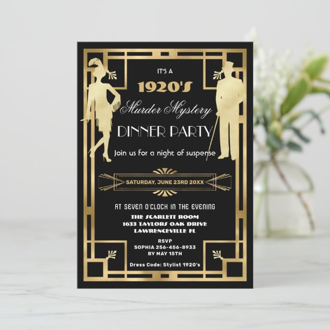 Art Deco Gold Roaring 20s Murder Mystery Party Invitation (Standing Front)