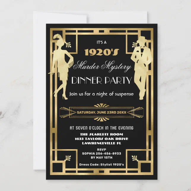 Art Deco Gold Roaring 20s Murder Mystery Party Invitation | Zazzle