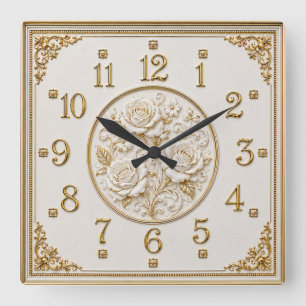 Art Deco Gold Rose Square Wall Clock