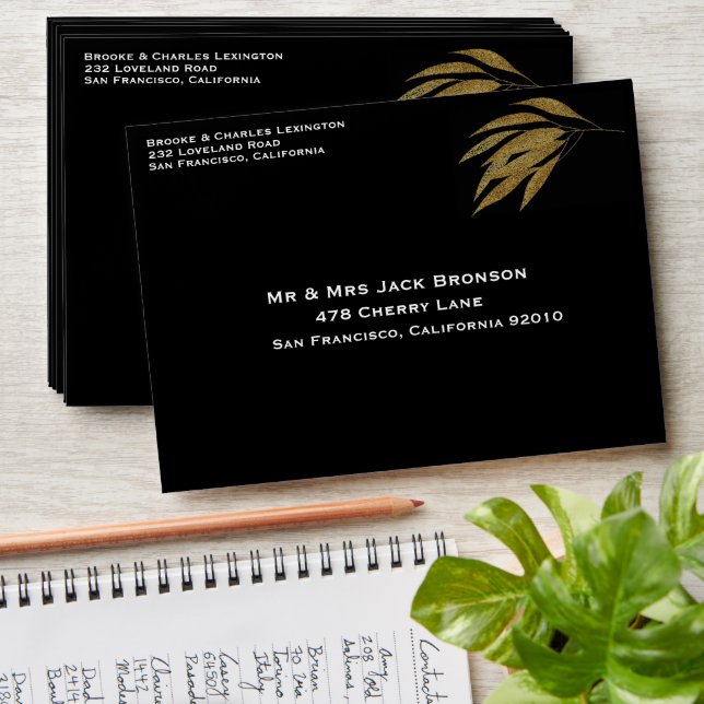 Art Deco Gold Roses Leaves Black Stripes Wedding Envelope (Stacked)