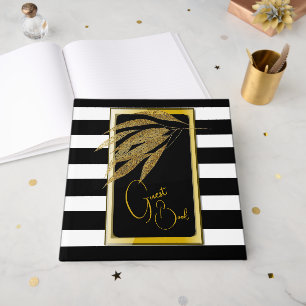 Art Deco Gold Roses Leaves Black Stripes Wedding Guest Book