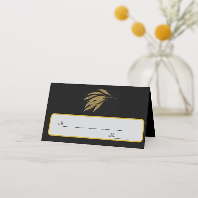 Art Deco Gold Roses Leaves Black Stripes Wedding Place Card (Front)