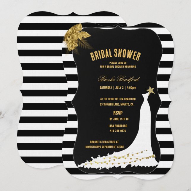 Art Deco Gold Roses, Stripes Bridal Shower Card (Front/Back)