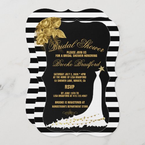 Art Deco Gold Roses Stripes Bridal Shower Card