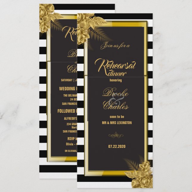 Art Deco Gold Roses, Stripes Rehearsal Dinner Card (Front/Back)