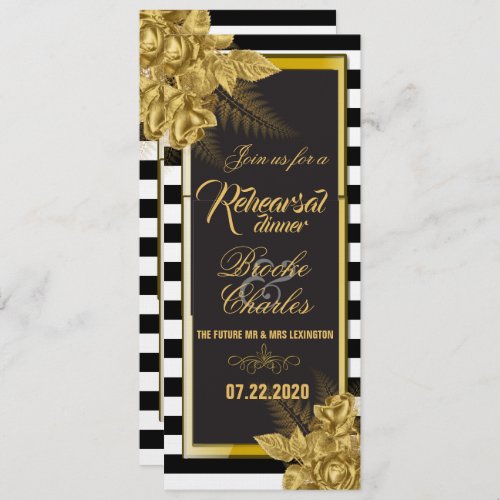 Art Deco Gold Roses Stripes Rehearsal Dinner Card