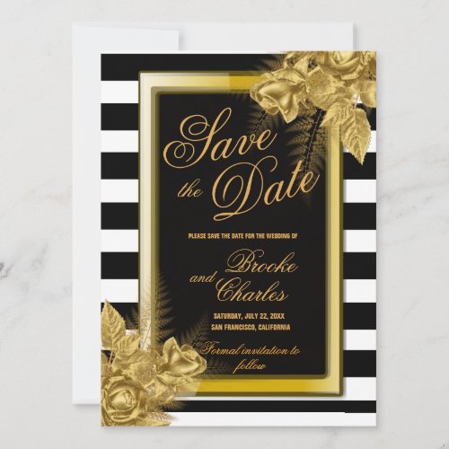 Art Deco Gold Roses  Stripes Save The Date Card