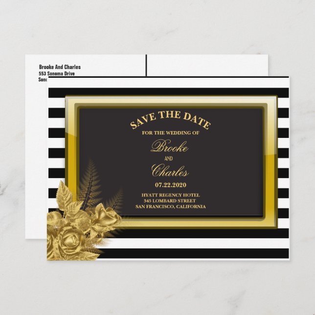 Art Deco Gold Roses & Stripes Save the Date Card (Front/Back)
