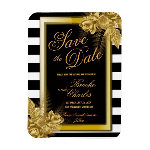 Art Deco Gold Roses  Stripes Save The Date Card Magnet