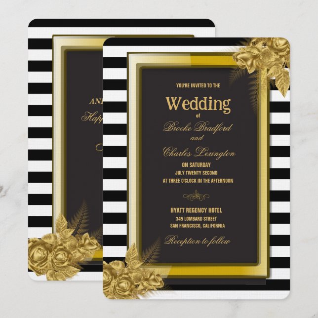 Art Deco Gold Roses & Stripes Wedding Invitations (Front/Back)