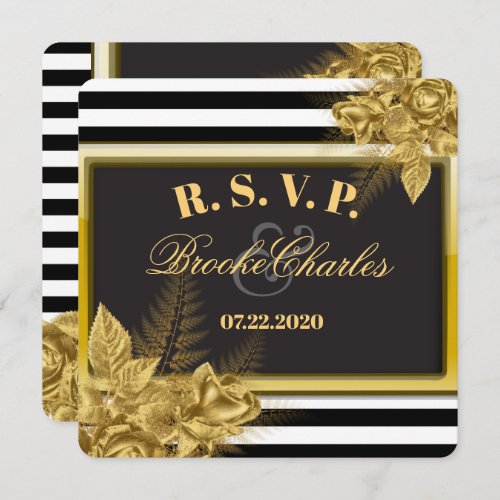 Art Deco Gold Roses  Stripes Wedding RSVP Cards