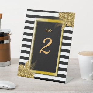 Art Deco, Gold Roses Stripes Wedding Table Number Pedestal Sign