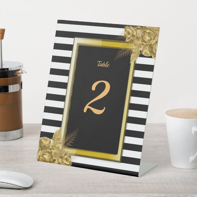 Art Deco, Gold Roses Stripes Wedding Table Number Pedestal Sign (In SItu)