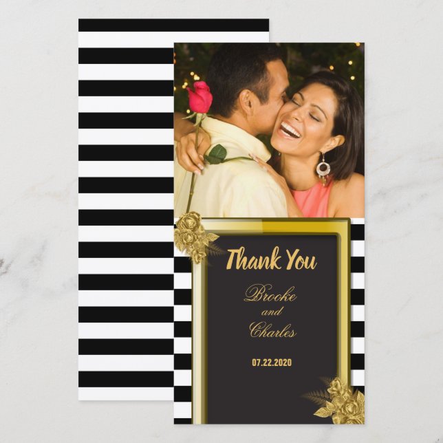 Art Deco Gold Roses, Stripes Wedding Thank You (Front/Back)