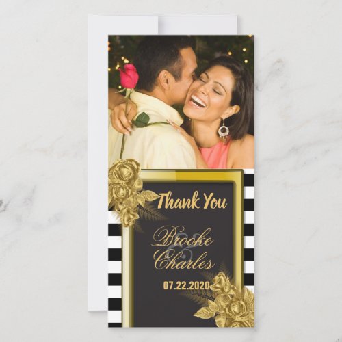 Art Deco Gold Roses Stripes Wedding Thank You