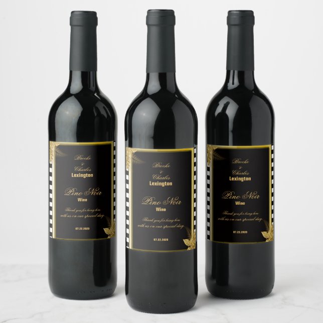 Art Deco Gold Roses, Stripes Wedding Wine Labels (Bottles)