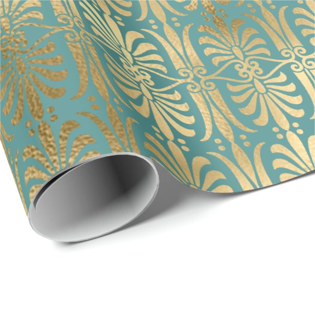 Art Deco Gold Sepia Metallic Teal Aquatic Wrapping Paper (Roll Corner)