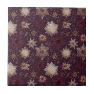 Art Deco Gold Snowflakes Burgundy Glam Floral Ceramic Tile