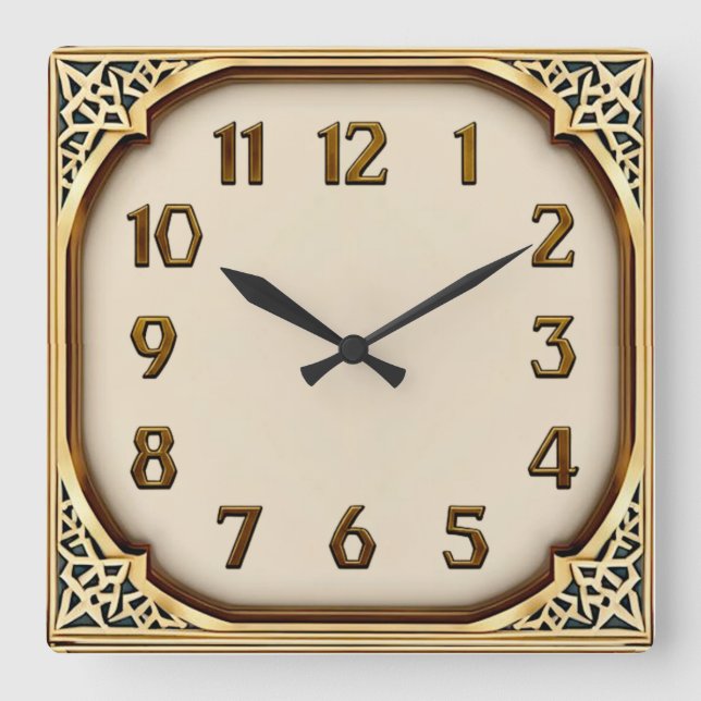 Art Deco Gold Square Wall Clock (Front)