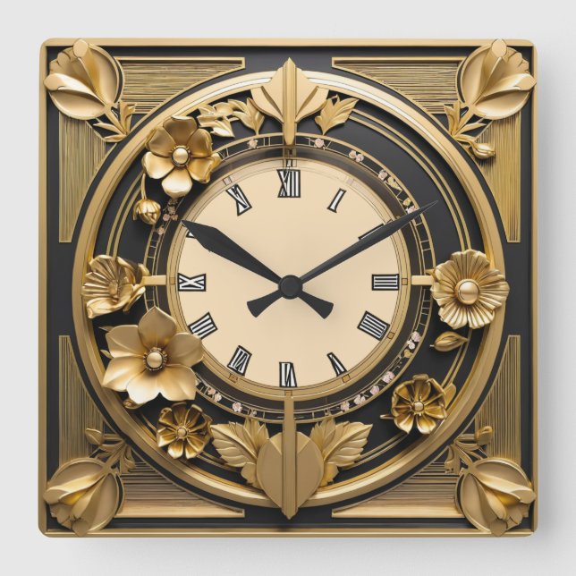 Art Deco Gold Square Wall Clock (Front)