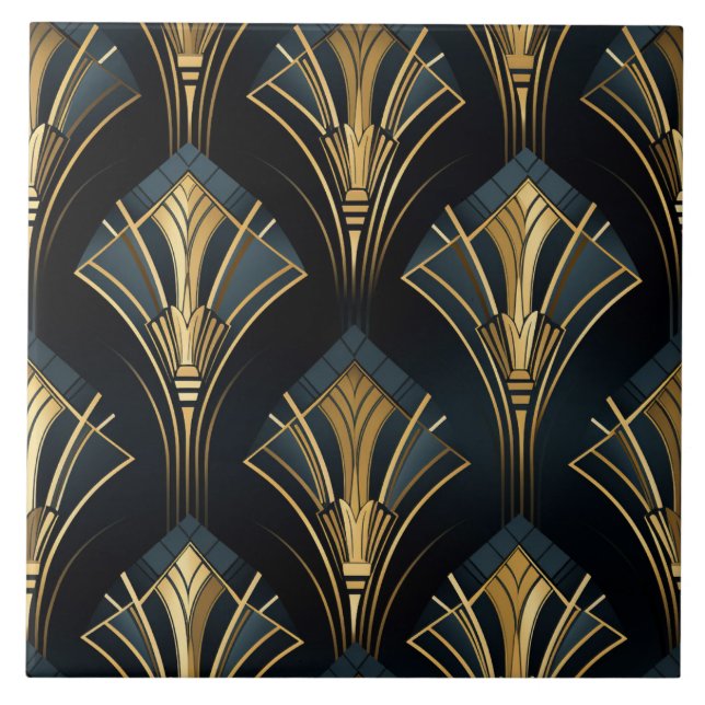 Art Deco Gold, Symmetrical, Navy and Cyan Ceramic Tile (Front)