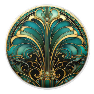 Art Deco Gold Turquoise Abstract Blooming Flower Ceramic Knob