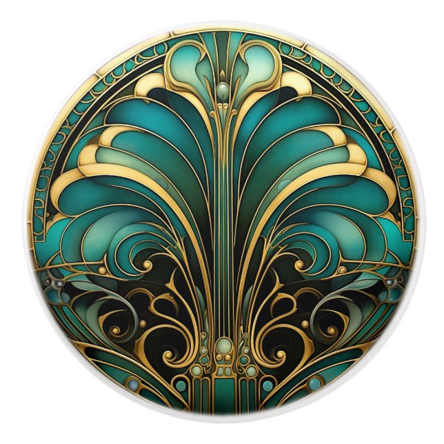 Art Deco Gold Turquoise Abstract Blooming Flower Ceramic Knob (Front)