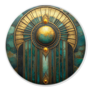 Art Deco Gold Turquoise Abstract Glowing Sun Ceramic Knob